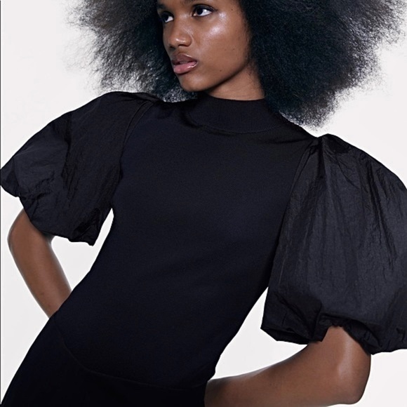 NEW ZARA Extreme Puff Short Sleeve Knit Mockneck Lightweight Statement Sweater M - Picture 3 of 11